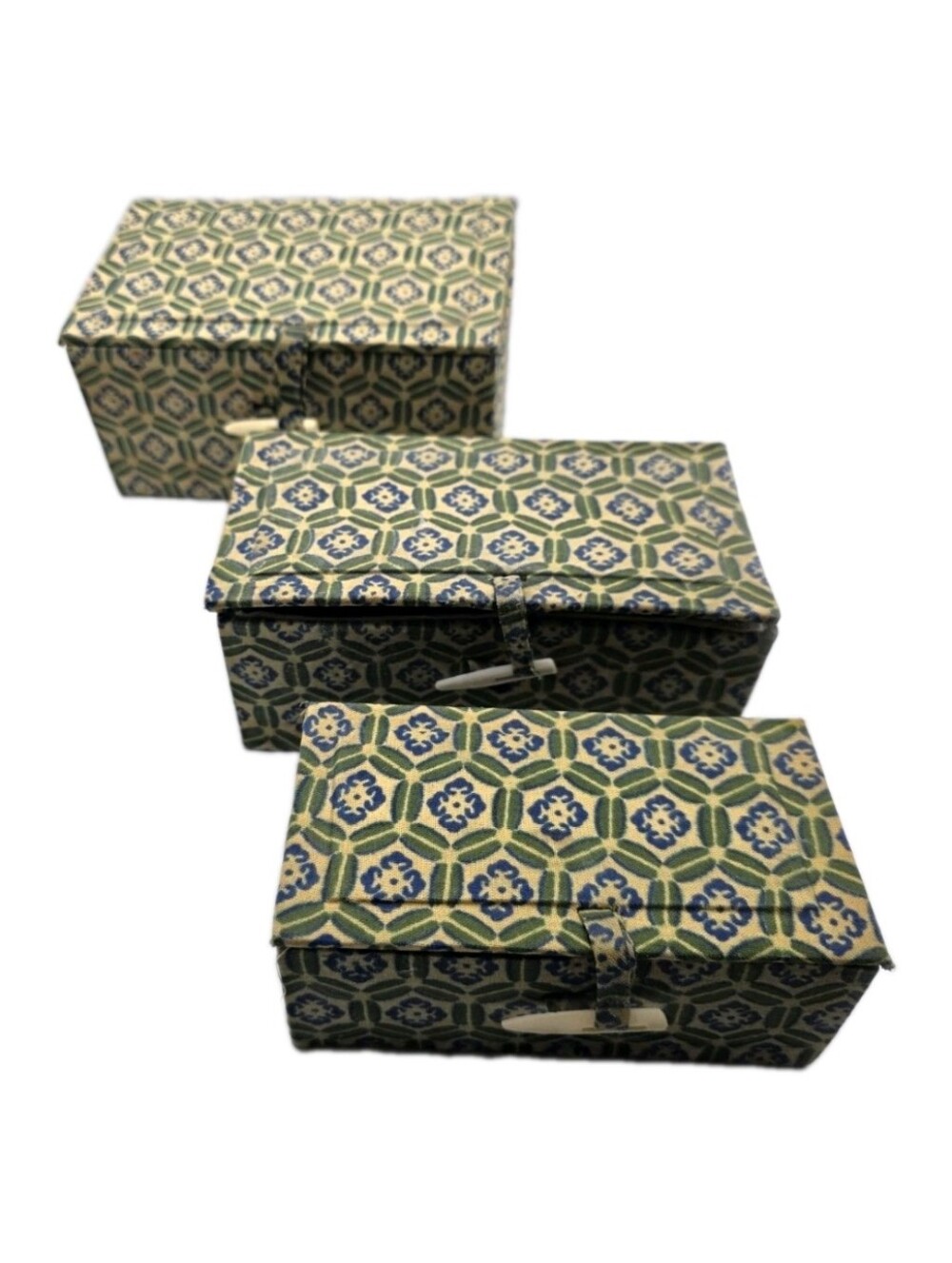 Set of 3 Vintage 1970s Chinese Silk Brocade Keepsake Boxes Green Lining Bone